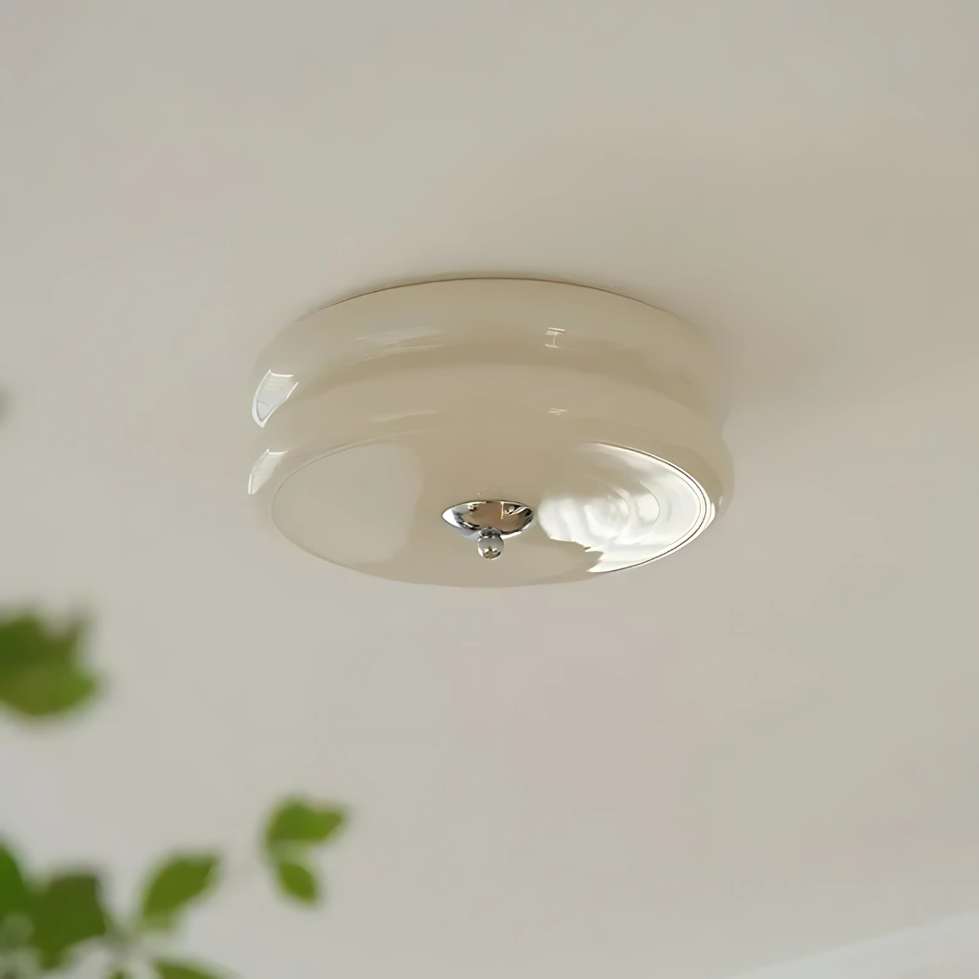 Ceiling light fixture on a white ceiling with a plant in the corner
