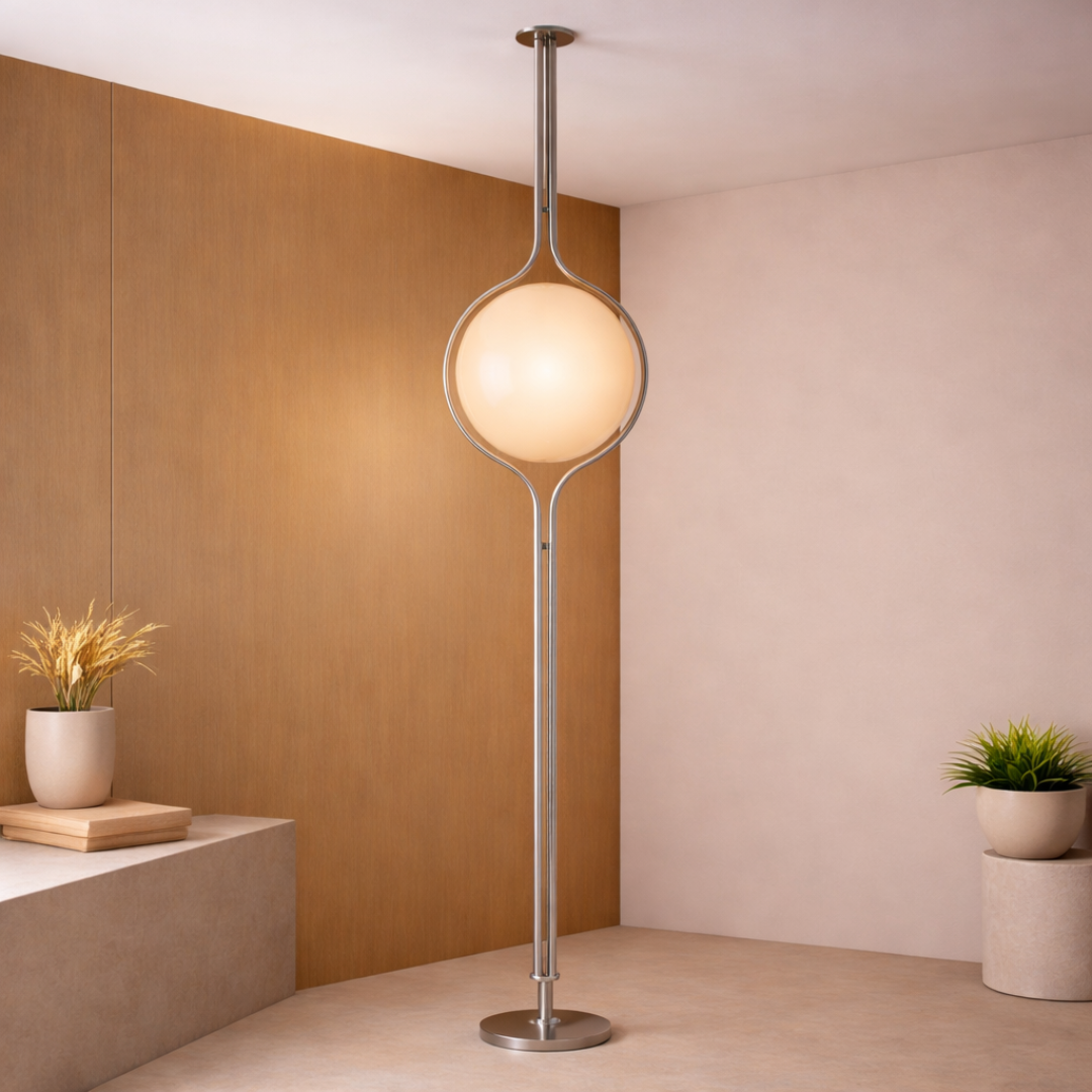 Modern floor lamp with a spherical glass shade in a minimalistic room.