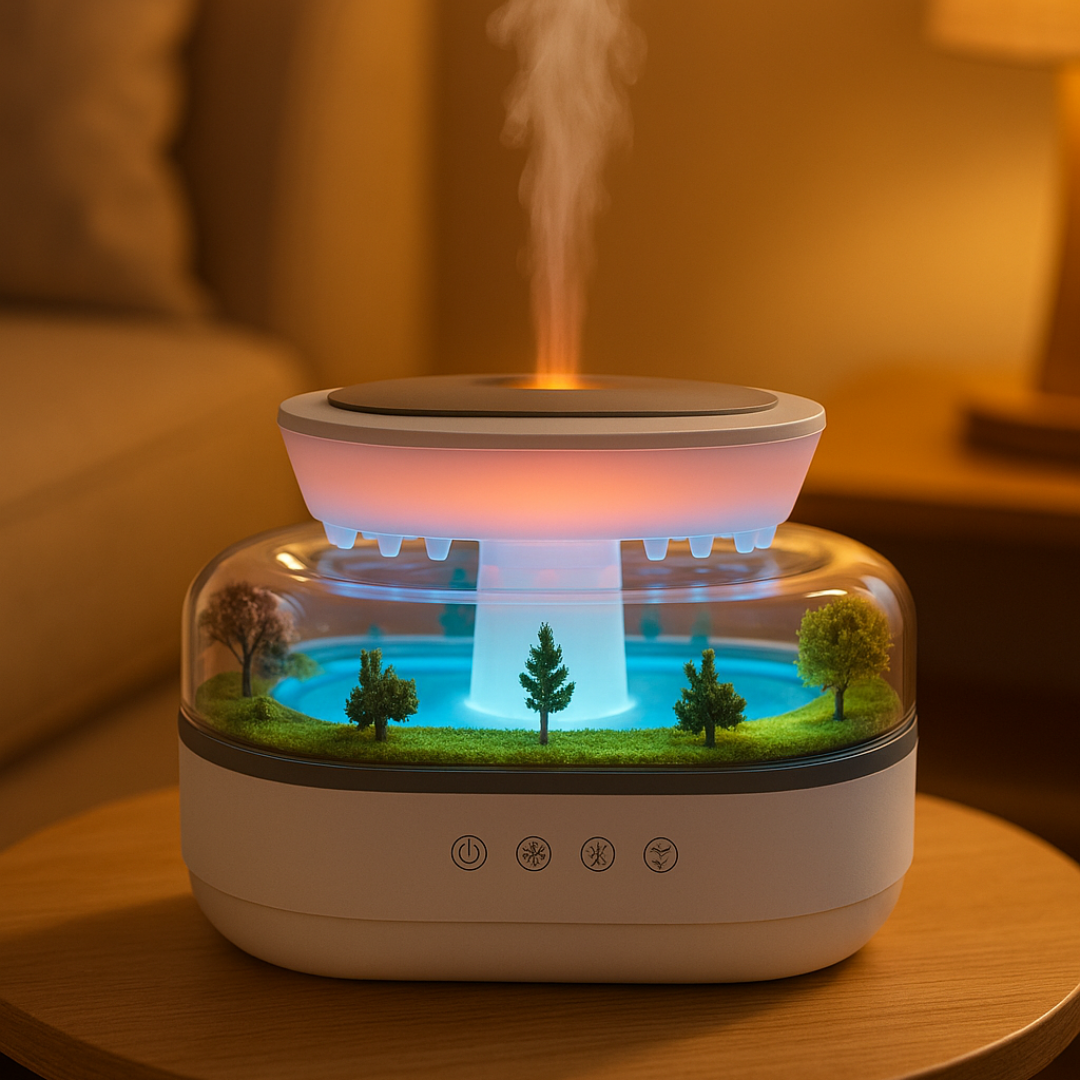 Humidifier with decorative trees and water feature on a table