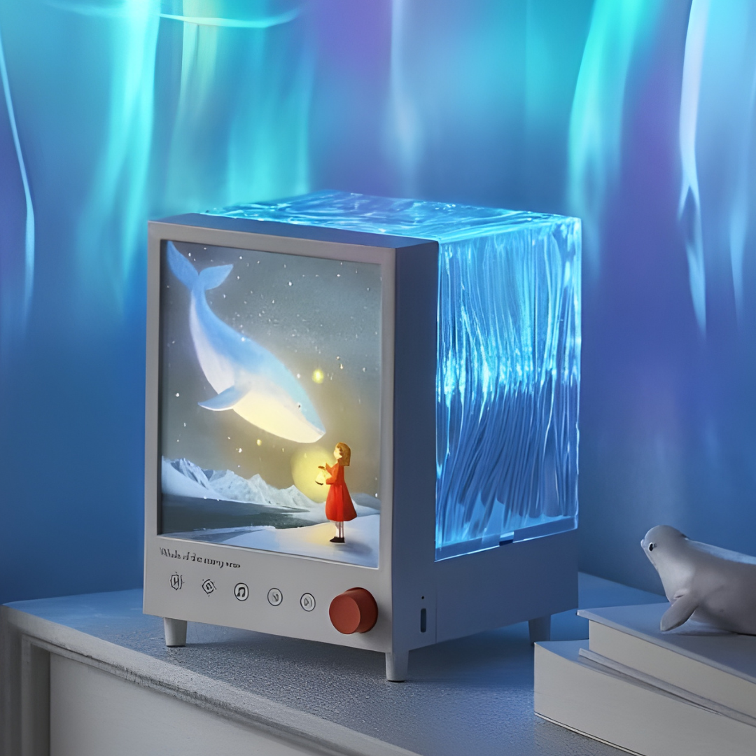 Modern TV with a whale and child illustration on screen, surrounded by glowing blue water-like effects.