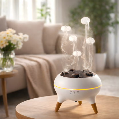 Humidifier on a wooden table with a cozy living room background