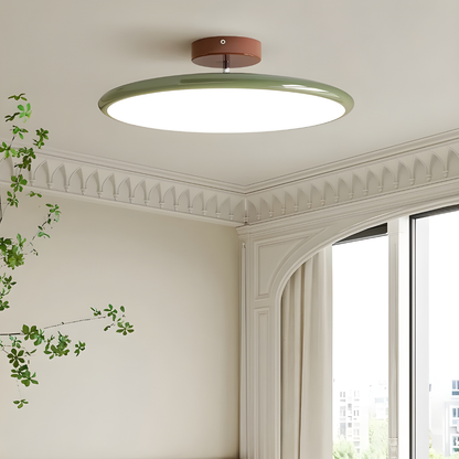 Ceiling light fixture in a room with decorative molding and a window.