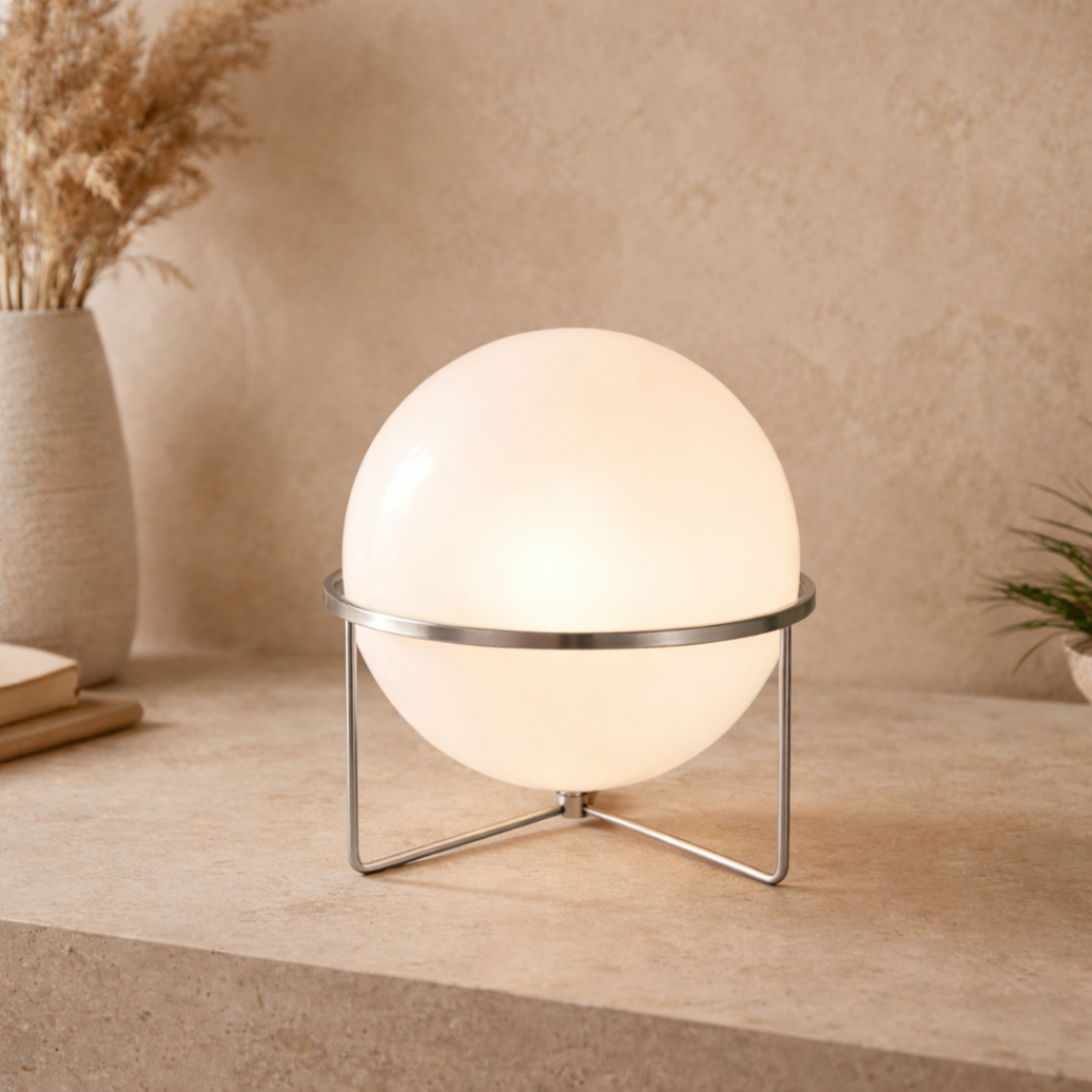 Spherical lamp on a wooden surface with a neutral background