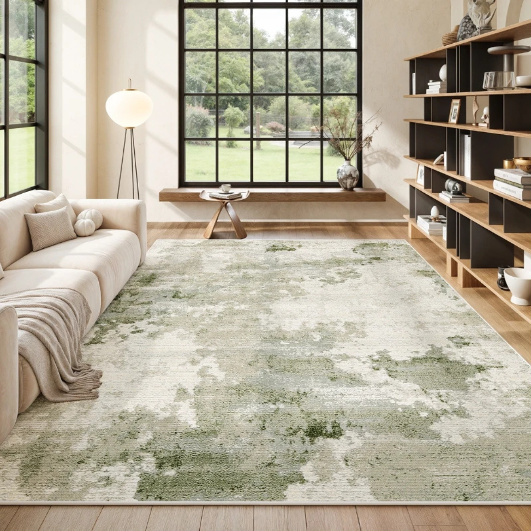 Living room with a green and beige patterned rug, beige sofa, and wooden shelves.