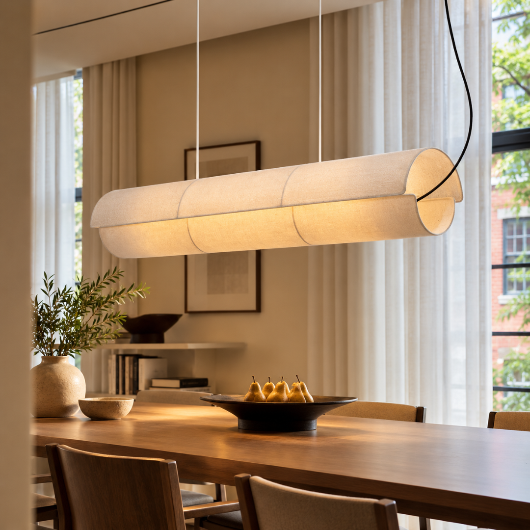 A modern cylindrical pendant light with a warm white fabric-covered shade hangs over a wooden dining table in a softly lit dining room.