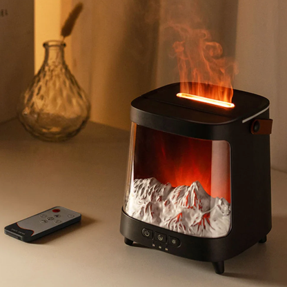 Tabletop fireplace with flame effect on a neutral background