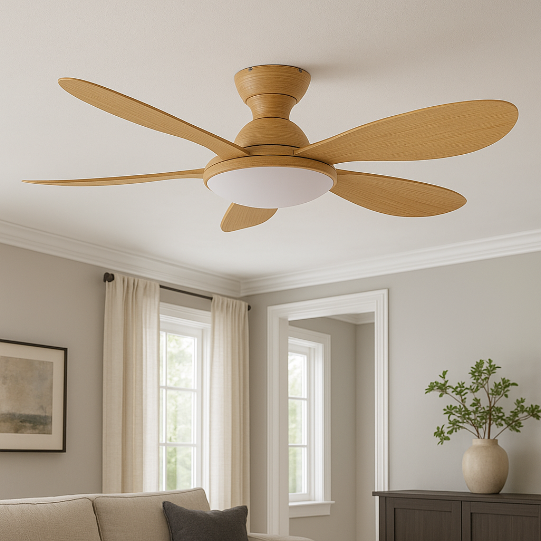 Wooden ceiling fan in a living room with neutral decor