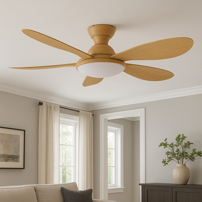 Wooden ceiling fan in a living room with neutral decor
