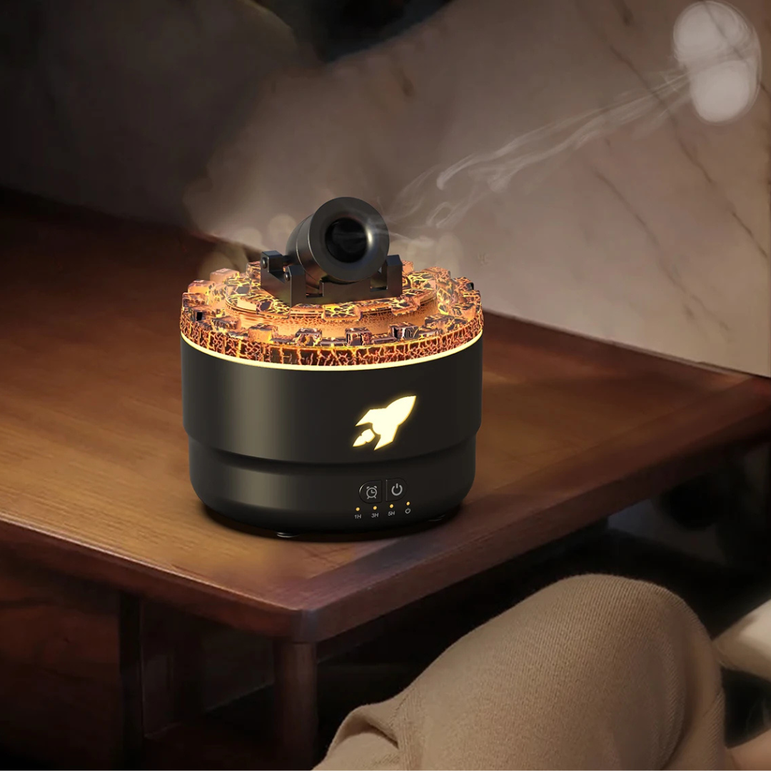 Decorative lamp with star projector on a wooden surface