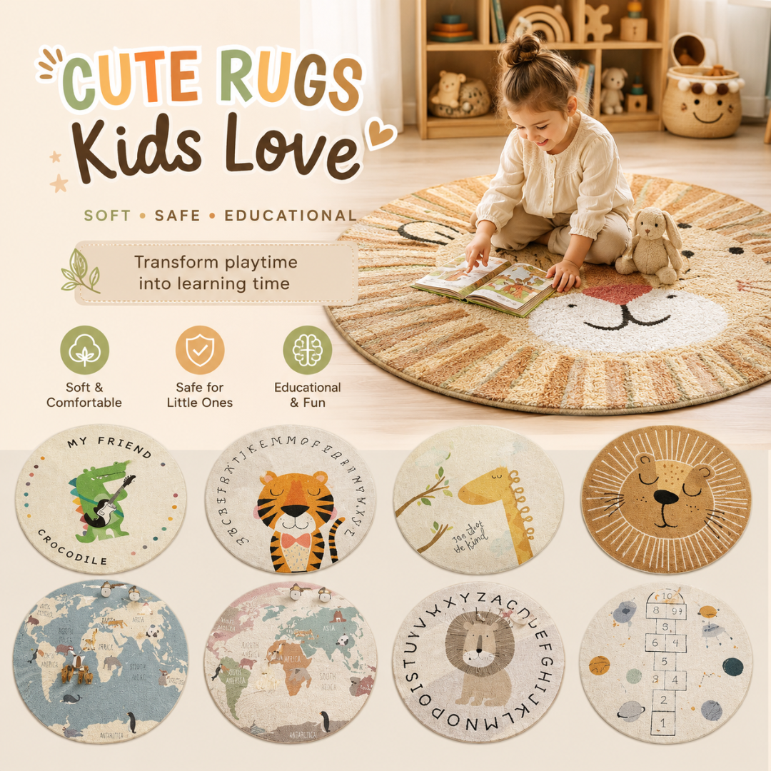 Child reading a book on a lion-themed rug with educational designs displayed below.
