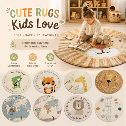 Child reading a book on a lion-themed rug with educational designs displayed below.