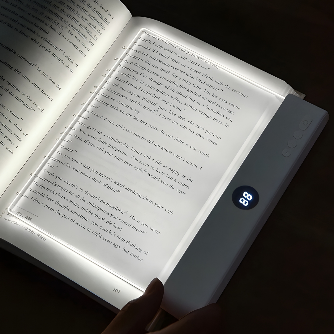 Lighted reading device on an open book with a digital display