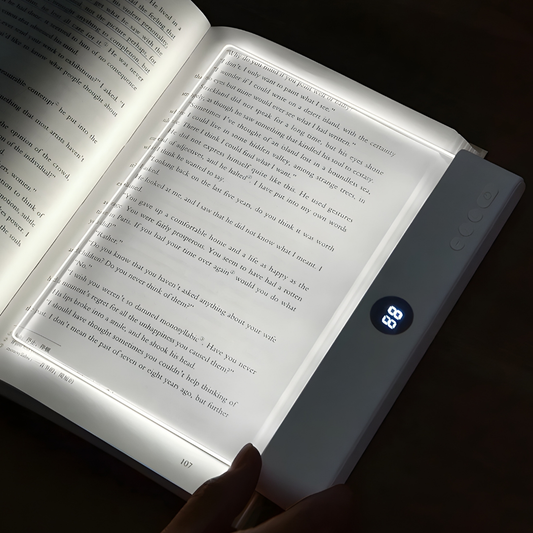 Lighted reading device on an open book with a digital display