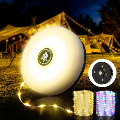 White LED night light with camping lights logo, surrounded by string lights in a camping setting.