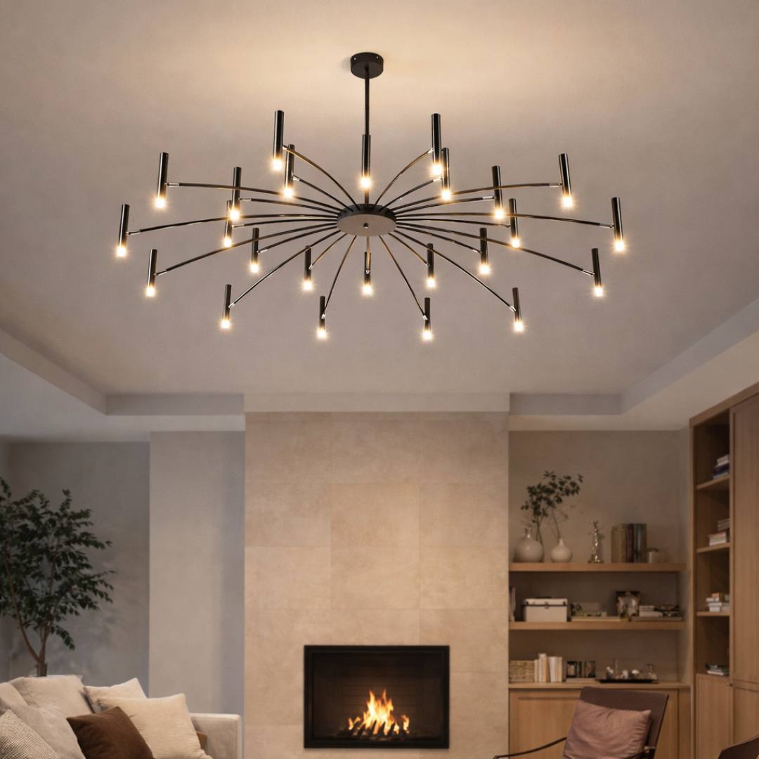 Modern chandelier hanging in a living room with a fireplace and bookshelf.