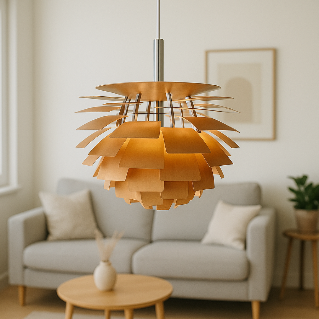 Modern chandelier hanging in a living room with a sofa and decor.
