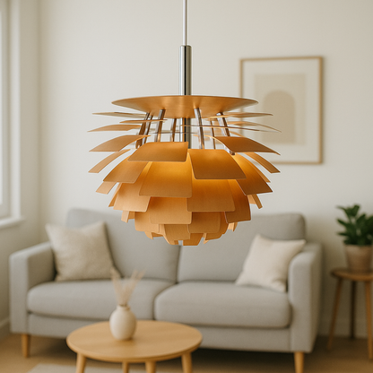 Modern chandelier hanging in a living room with a sofa and decor.