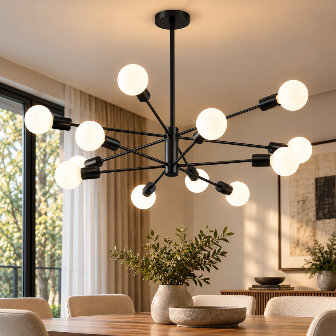 A modern black multi-arm chandelier with spherical frosted white glass globes, hanging in a warm, contemporary dining room above a wooden table with potted plants.
