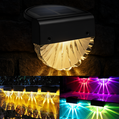 Solar-powered LED light fixture with colorful lighting options on a dark background.