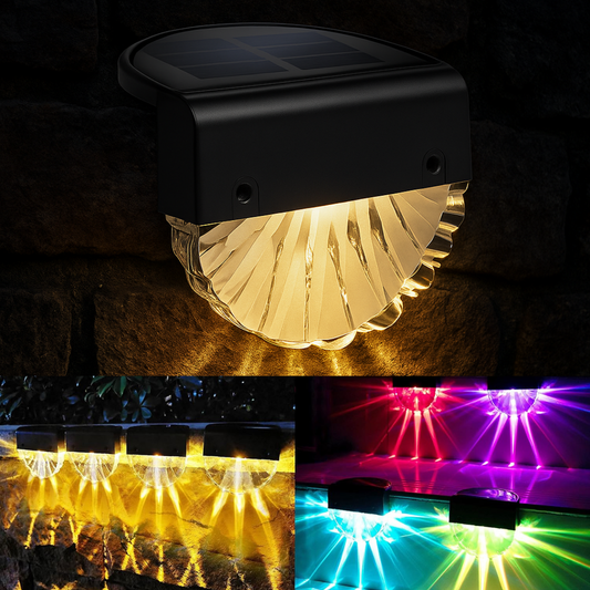 Solar-powered LED light fixture with colorful lighting options on a dark background.