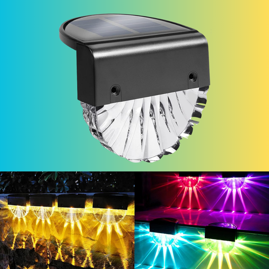 Solar-powered LED light with colorful light display on a gradient background