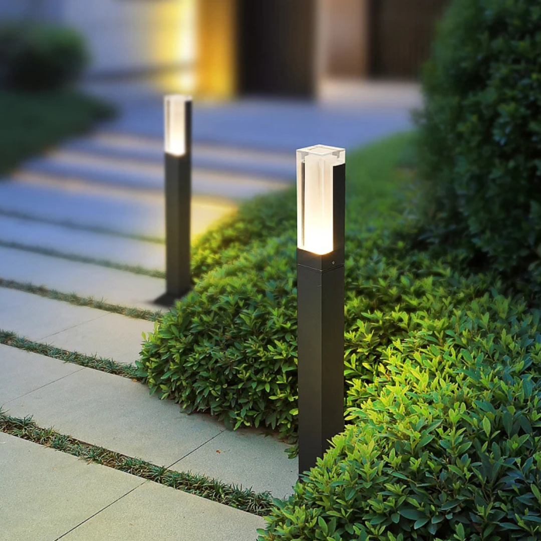 Garden path with decorative outdoor lights embedded in the ground.