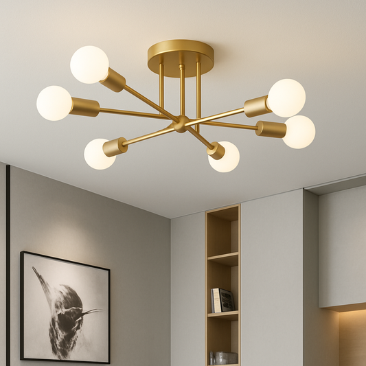Modern gold ceiling light fixture in a room with neutral walls and decor.
