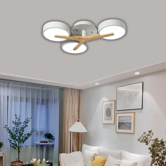 Modern ceiling light fixture in a living room setting with decor elements.