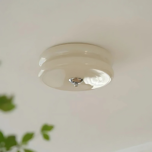 Ceiling light fixture on a white ceiling with a plant in the corner