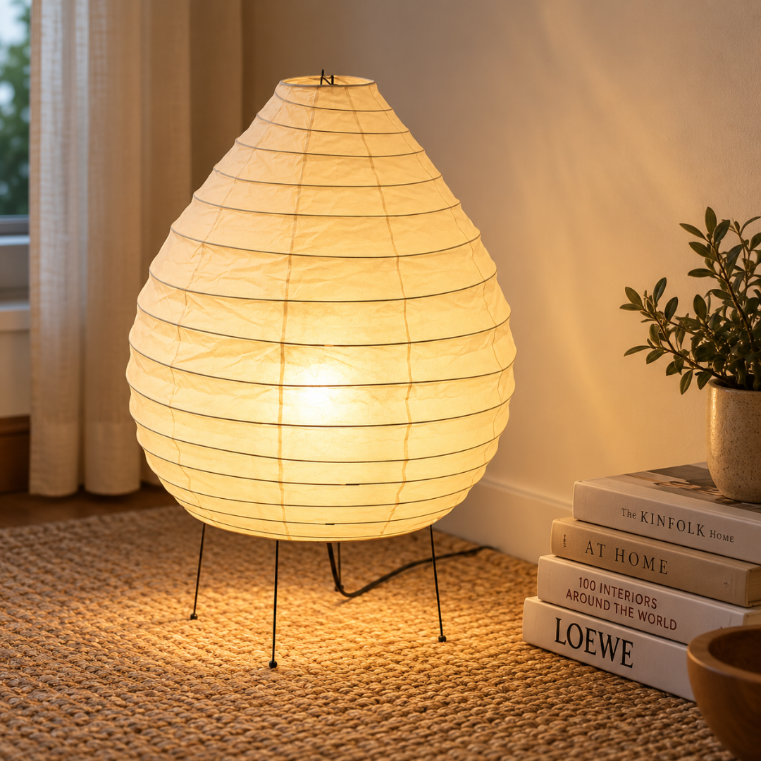 A teardrop-shaped table lamp with a warm glowing white paper shade and thin black metal legs, styled on a woven rug next to a stack of books and a potted plant.