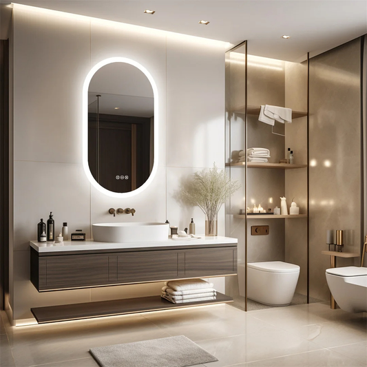 Modern bathroom with illuminated mirror, sink, and toilet.