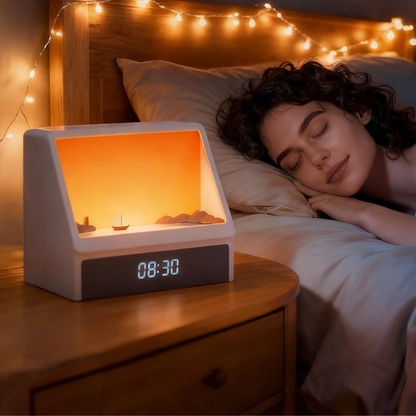 Woman sleeping in bed with a sunrise alarm clock displaying 8:30.