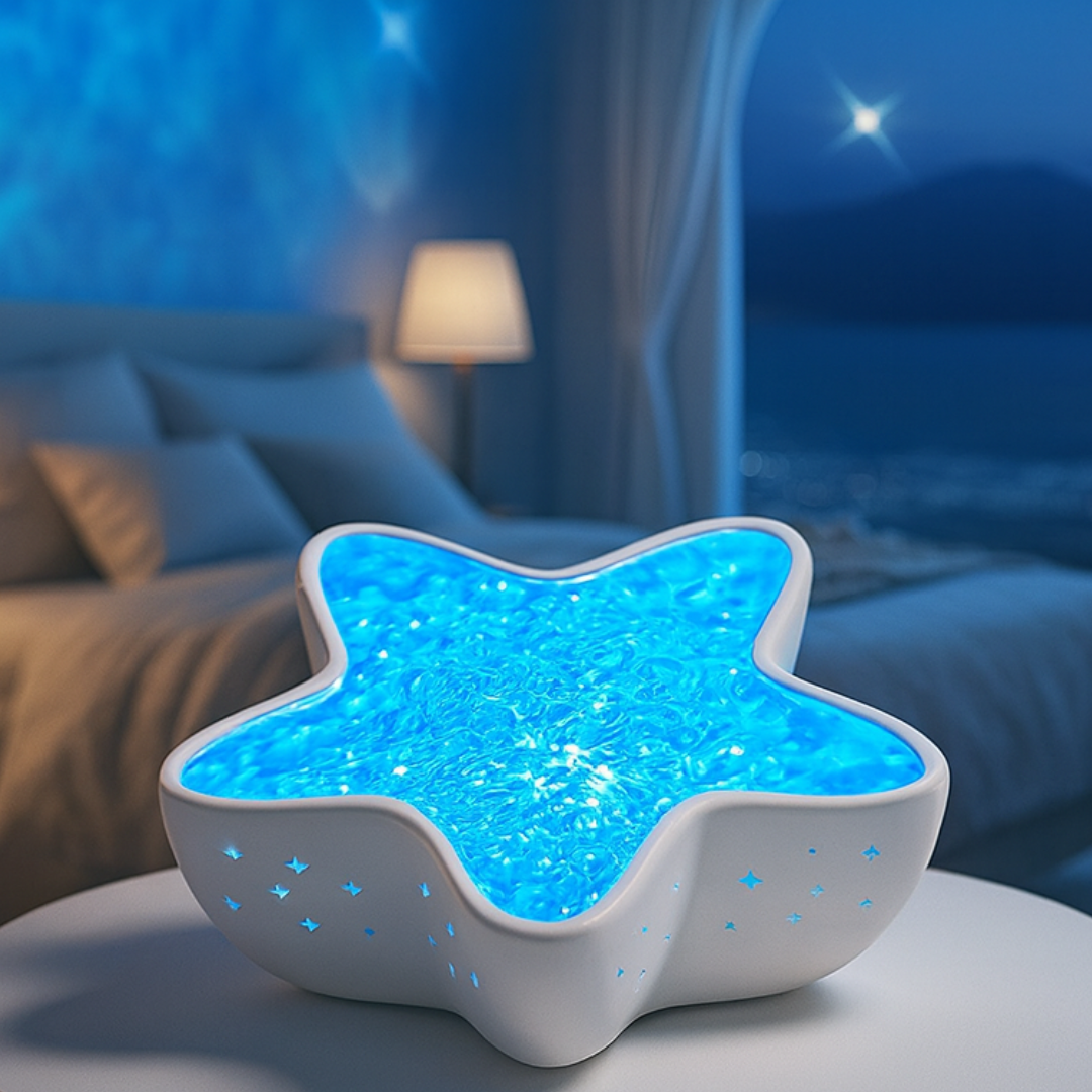 Star-shaped night light emitting a blue glow on a bedside table in a bedroom setting.