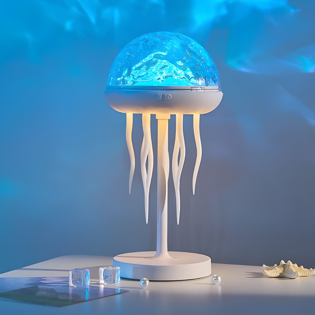 Jellyfish-shaped lamp with blue light on a dark background