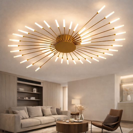 Modern living room with a large ceiling light fixture