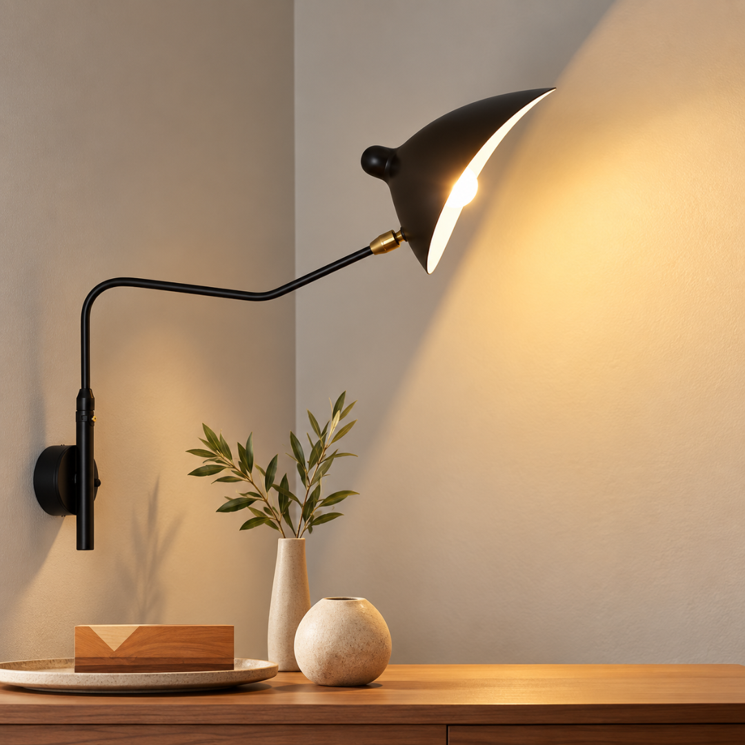 A black adjustable wall sconce lamp with a warm brass accent and glowing bulb, mounted on a beige wall above a wooden console table with vases and a small block.