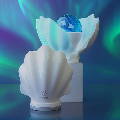 White shell-shaped lamp with a blue crystal on a blurred Aurora background