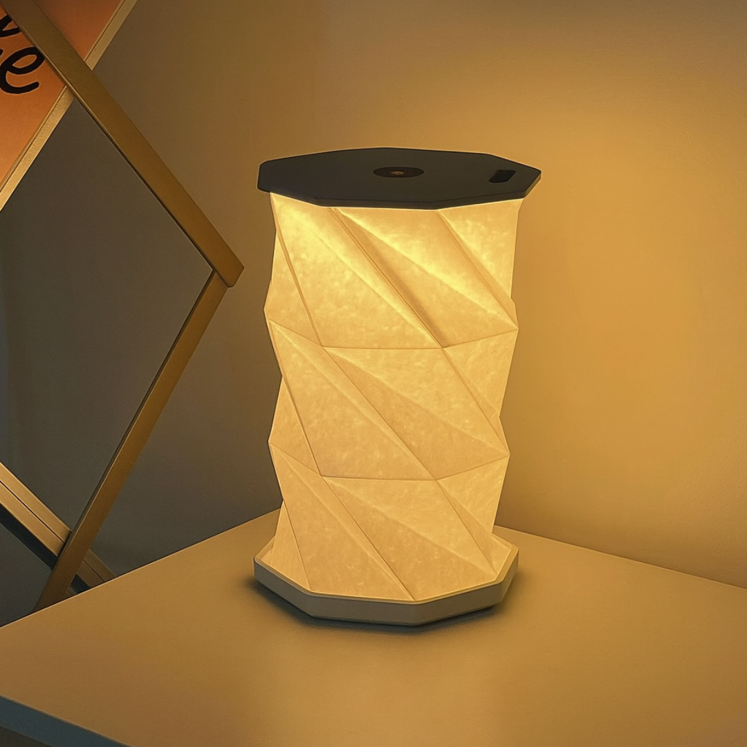 Geometrically patterned lamp on a surface with a warm glow