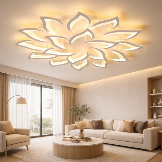 Modern living room with a decorative ceiling light fixture.