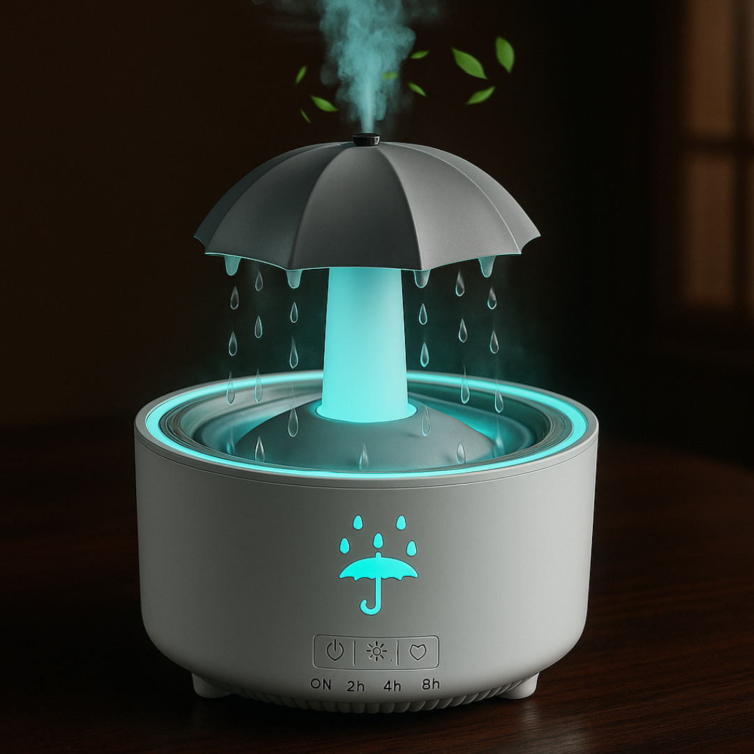 Umbrella-shaped humidifier with glowing blue lights on a dark background