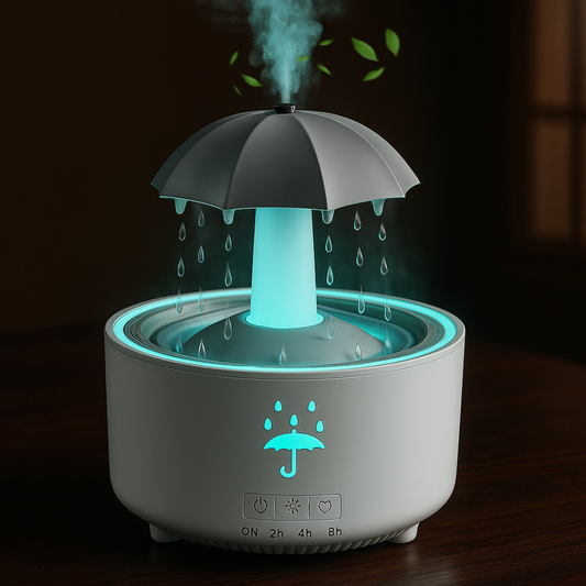 Umbrella-shaped humidifier with glowing blue lights on a dark background