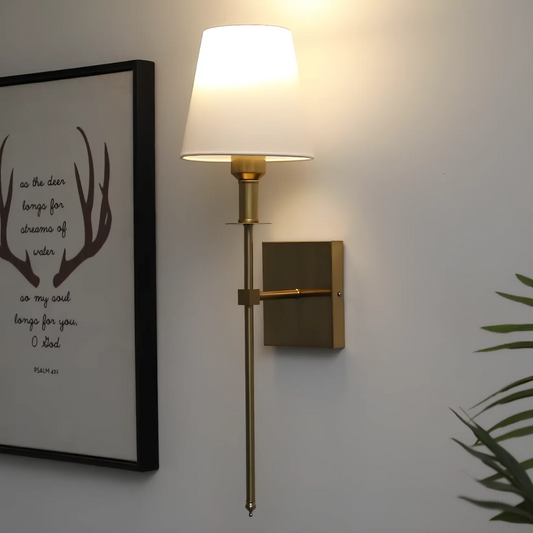 Wall-mounted lamp with a framed artwork featuring antlers on a wall.